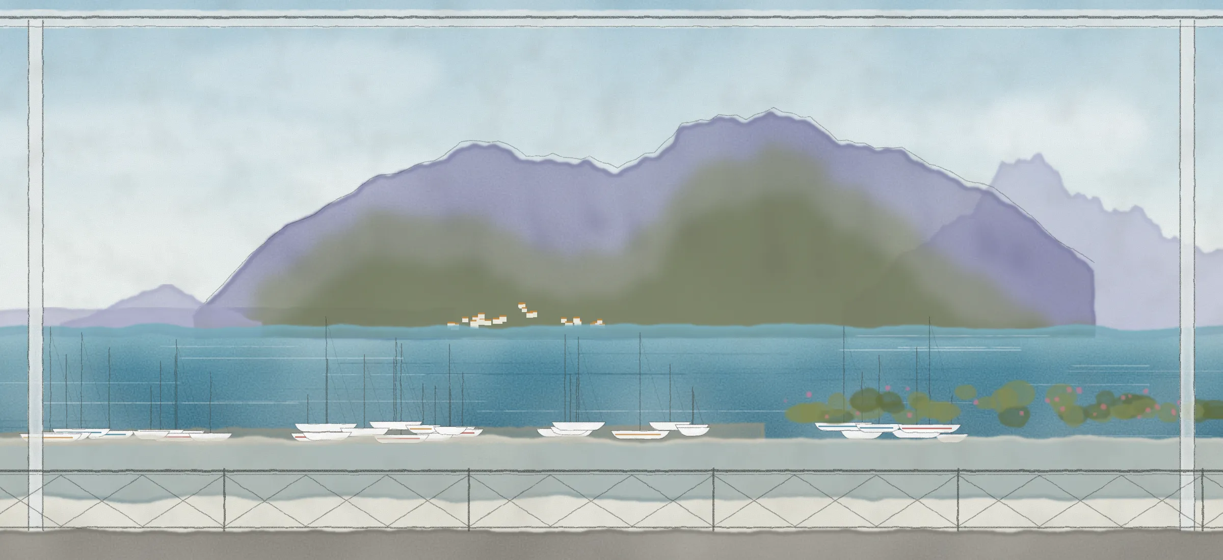 Watercolour of the view from our balcony: Mytikas harbour, the island of Kalamos across the water and the mountains behind