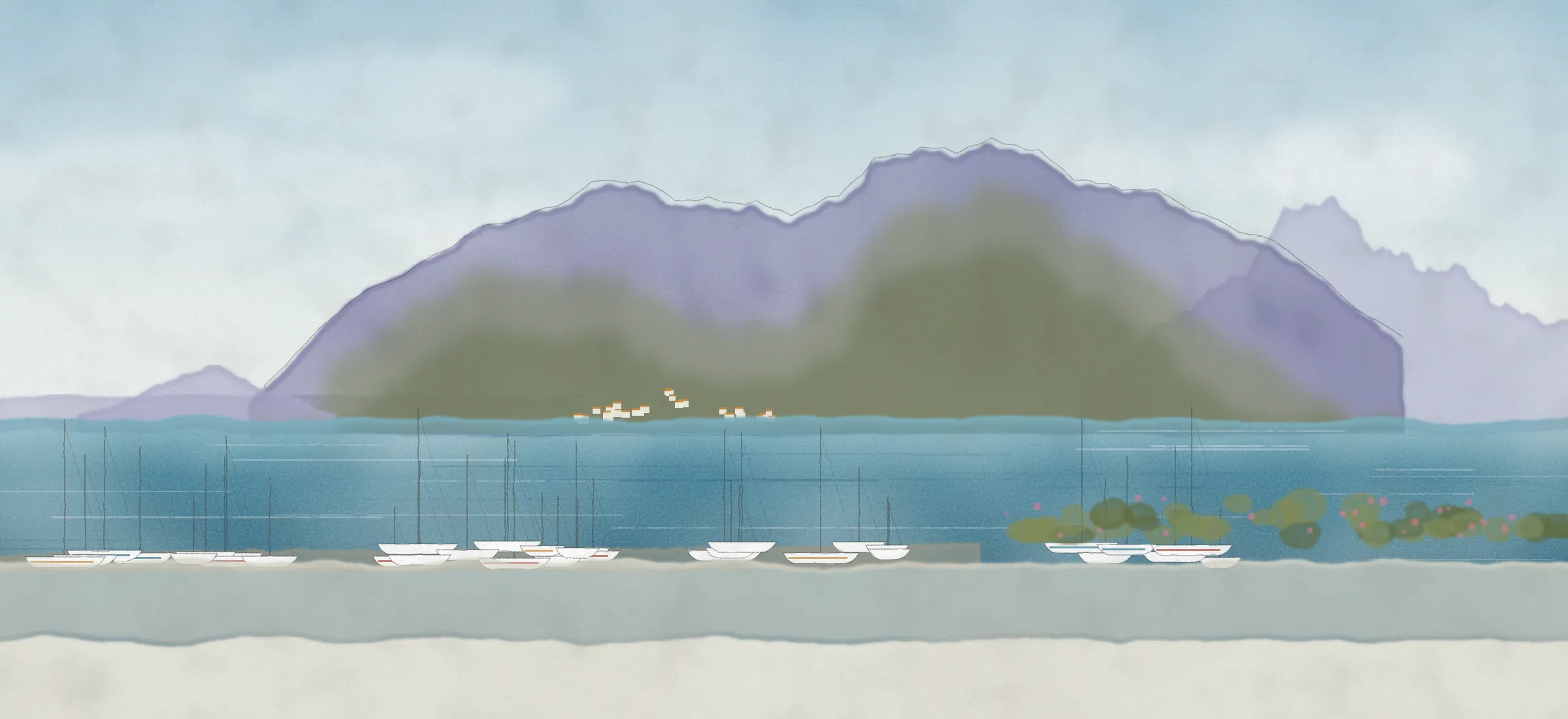 Watercolour of Kalamos and Kastos as seen from Mytikas