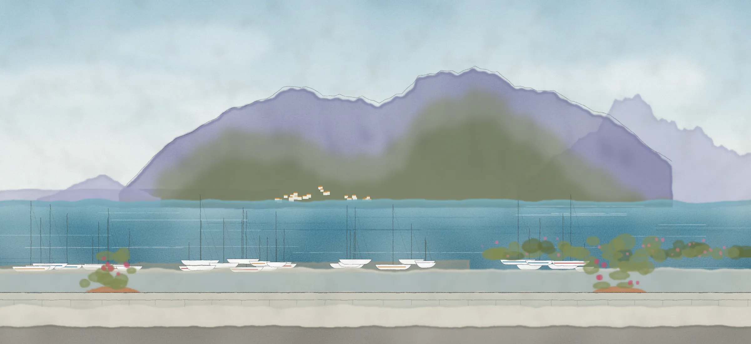 Watercolour of the view from the terrace: the sea, the harbour and Kalamos across the water